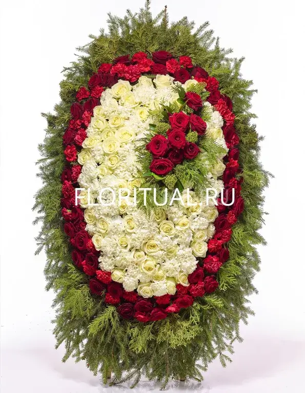 6102-21-19 Красно-белый ритуальный венок №17 из живых цветов — розы, гвоздики, скиммия