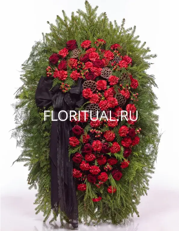 6102-21-8 Красный ритуальный венок №12 из живых цветов — розы, гвоздики, лотос